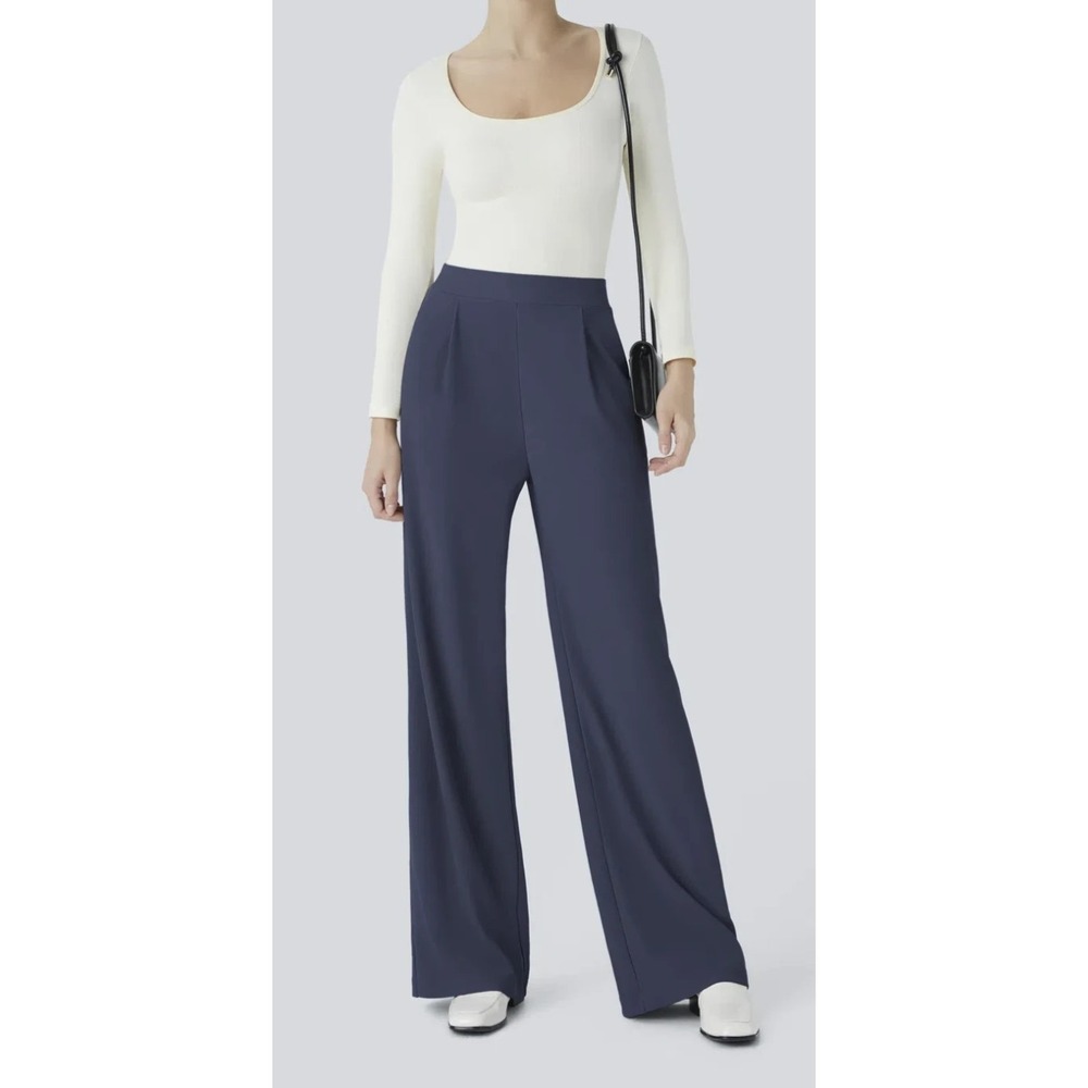 Halara Flex High Waisted Wide Leg Pants Micro Waffle Blue Womens LP Large Petite - Picture 14 of 14